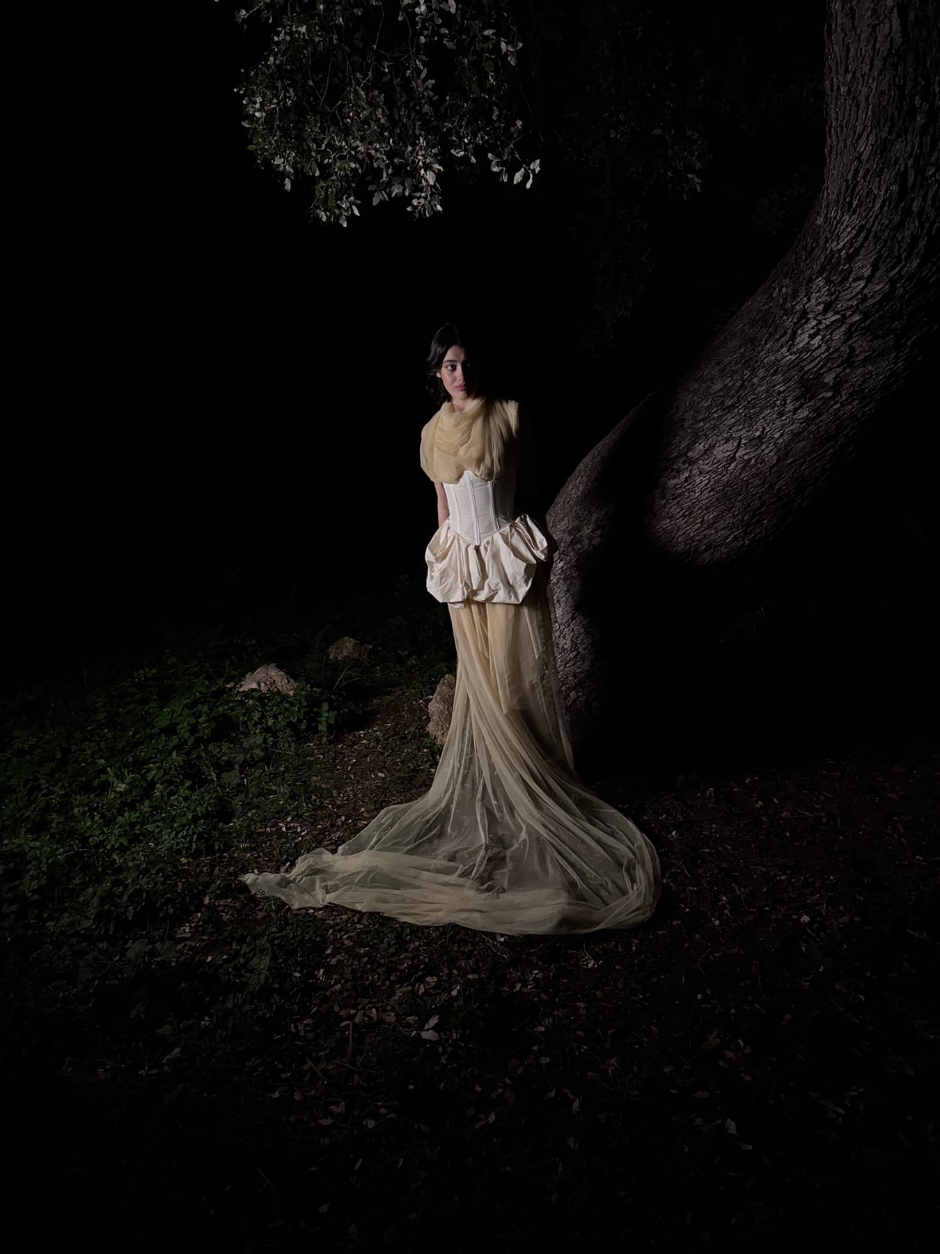 Figura de pie con el vestido iluminado en la noche
