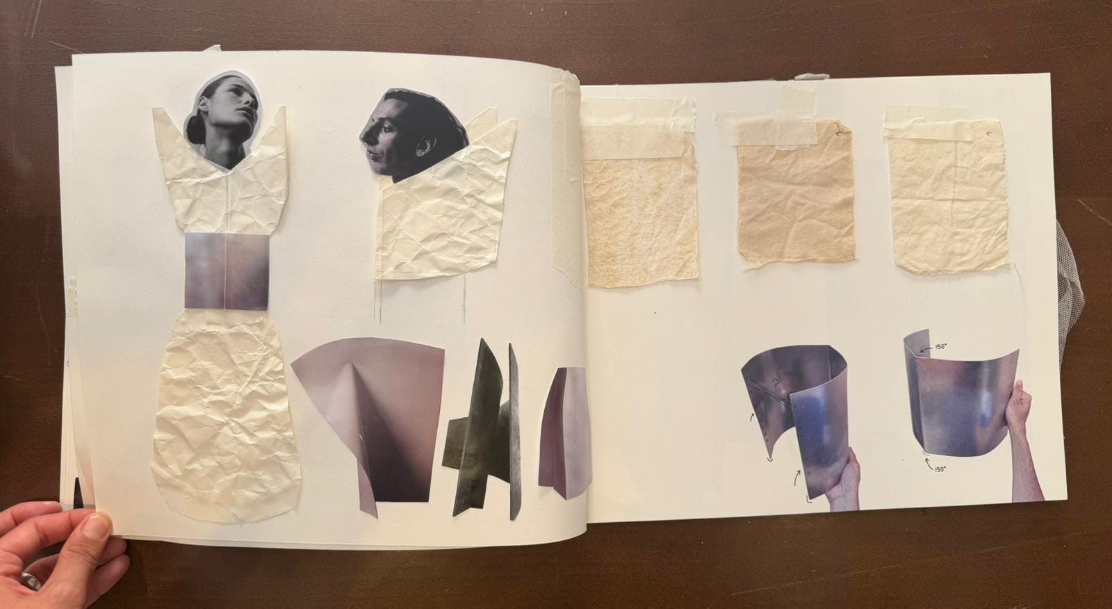 Doble página con vestidos de papel arrugado, muestras de tejido y pruebas de aluminio
